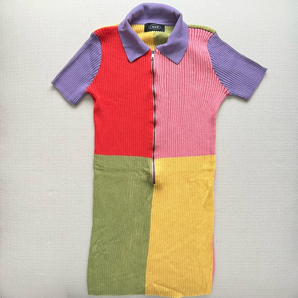 CIDER Colorblock Stretch Knit Pastel Dress Short Sleeve Mini